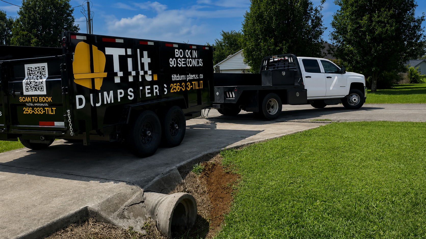 A branded Tilt Dumpsters trailer being towed up a residential driveway
