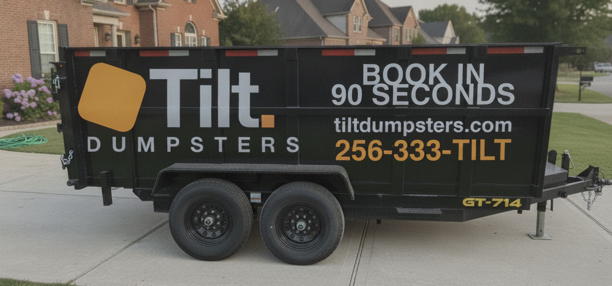 The 15-yard Tilt Dumpsters dump trailer parked in a residential driveway